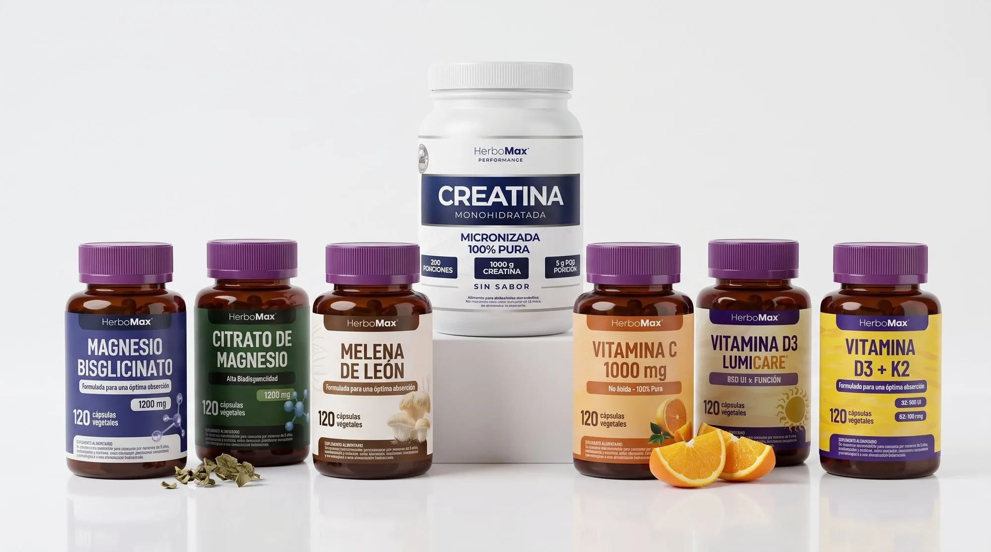 Línea de suplementos HerboMax: creatina, magnesios, vitaminas y melena de león