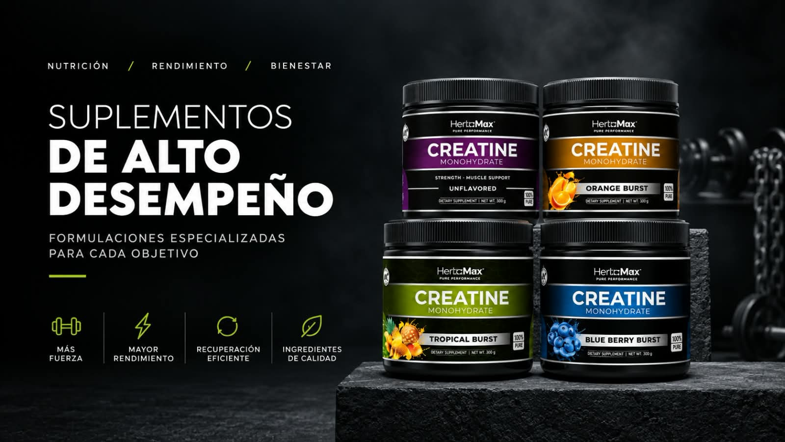 Creatina monohidratada HerboMax: sin sabor, naranja, tropical y berries